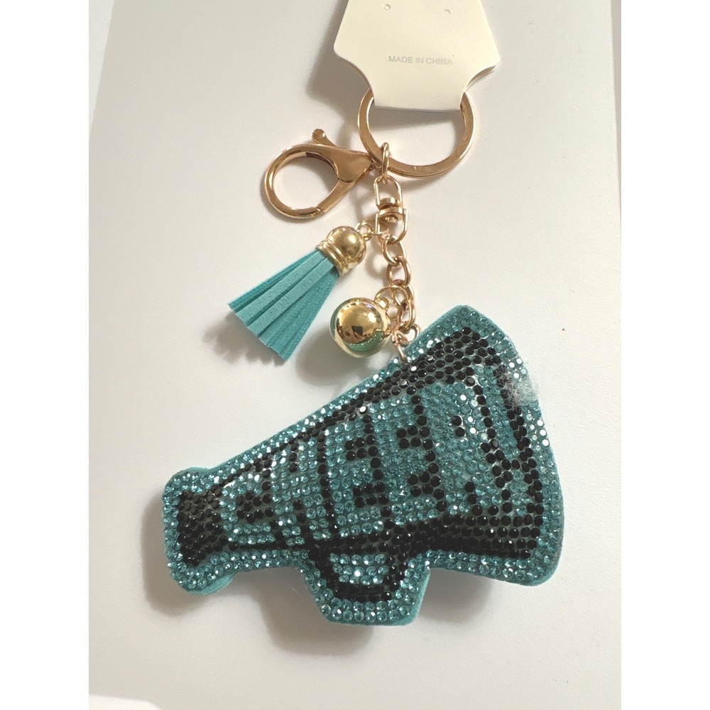 Teal Blue Rhinestone Cheer Megaphone Keychain with Tassel and Bell Accessory